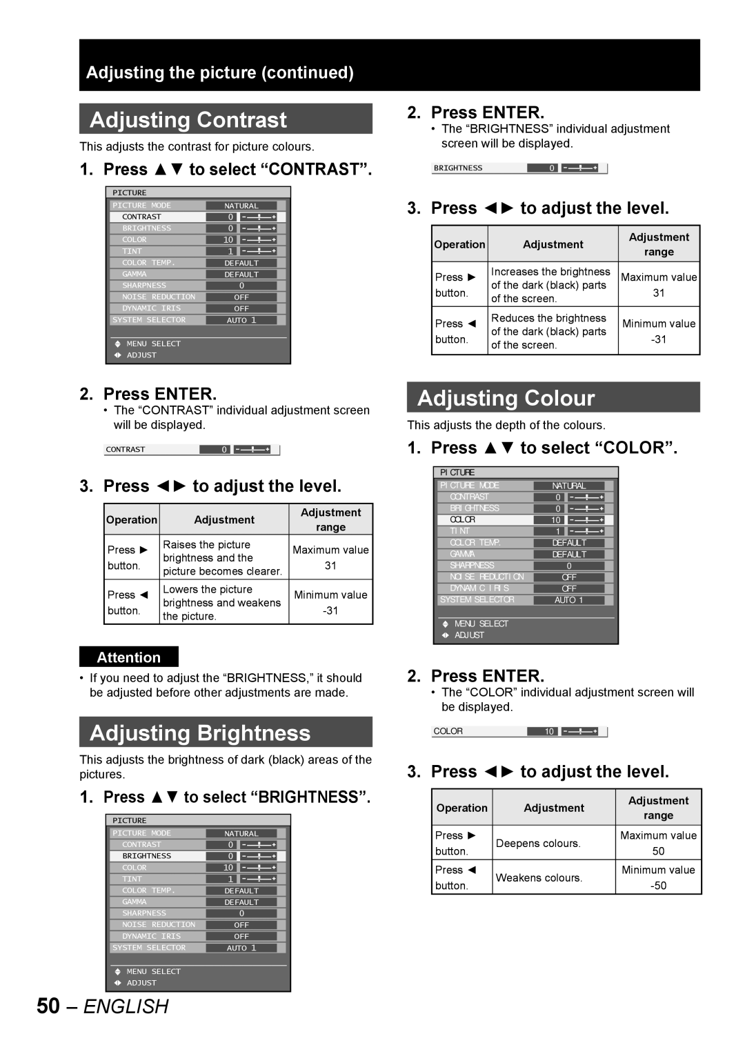 Panasonic PT-D10000E, PT-DW10000E manual Adjusting Contrast, Adjusting Brightness, Adjusting Colour 