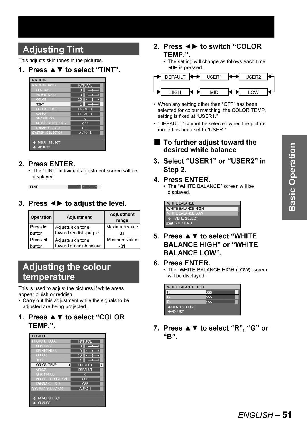 Panasonic PT-DW10000E, PT-D10000E manual Adjusting Tint, Adjusting the colour temperature, Temp 