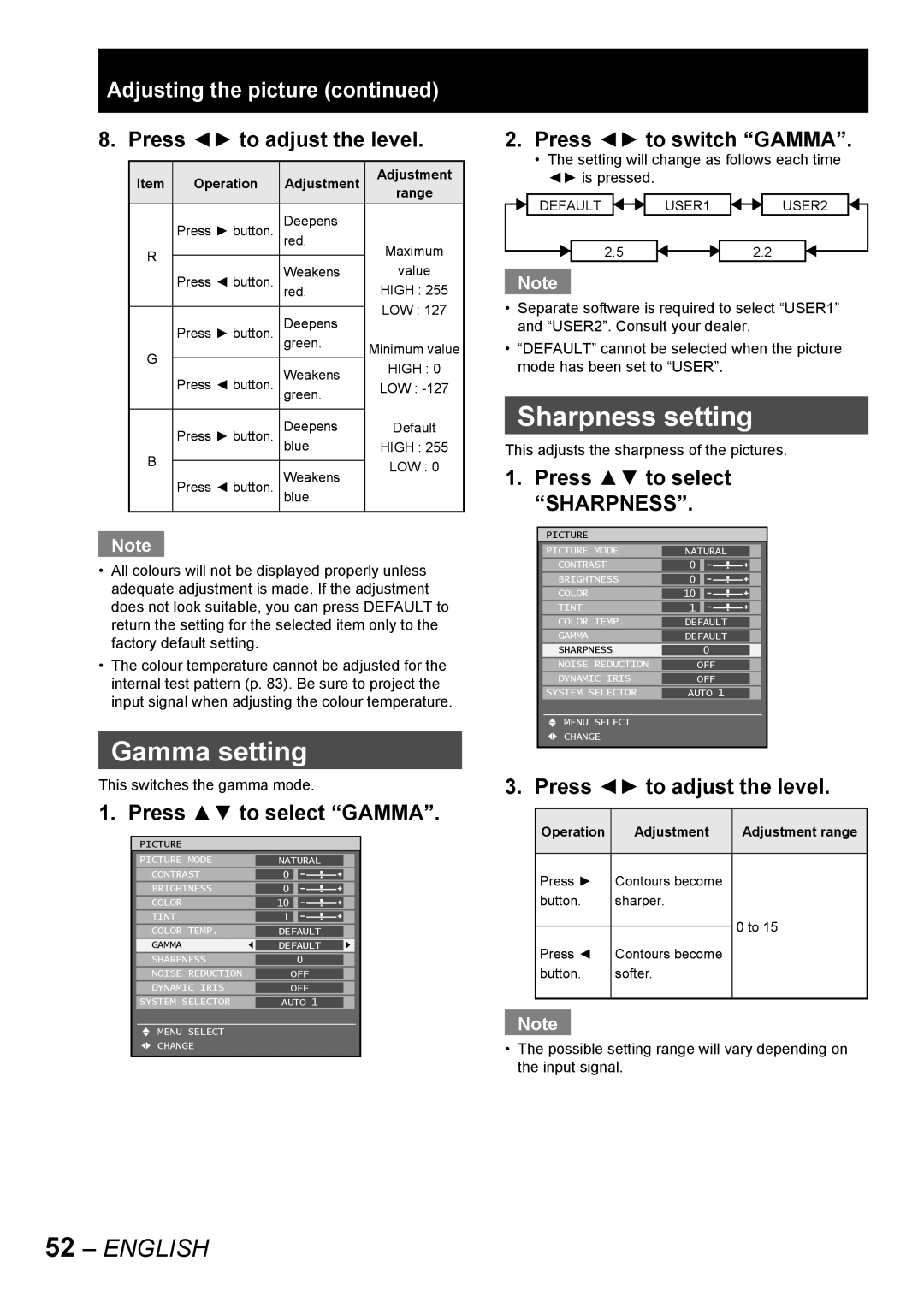 Panasonic PT-D10000E, PT-DW10000E manual Sharpness setting, Gamma setting 