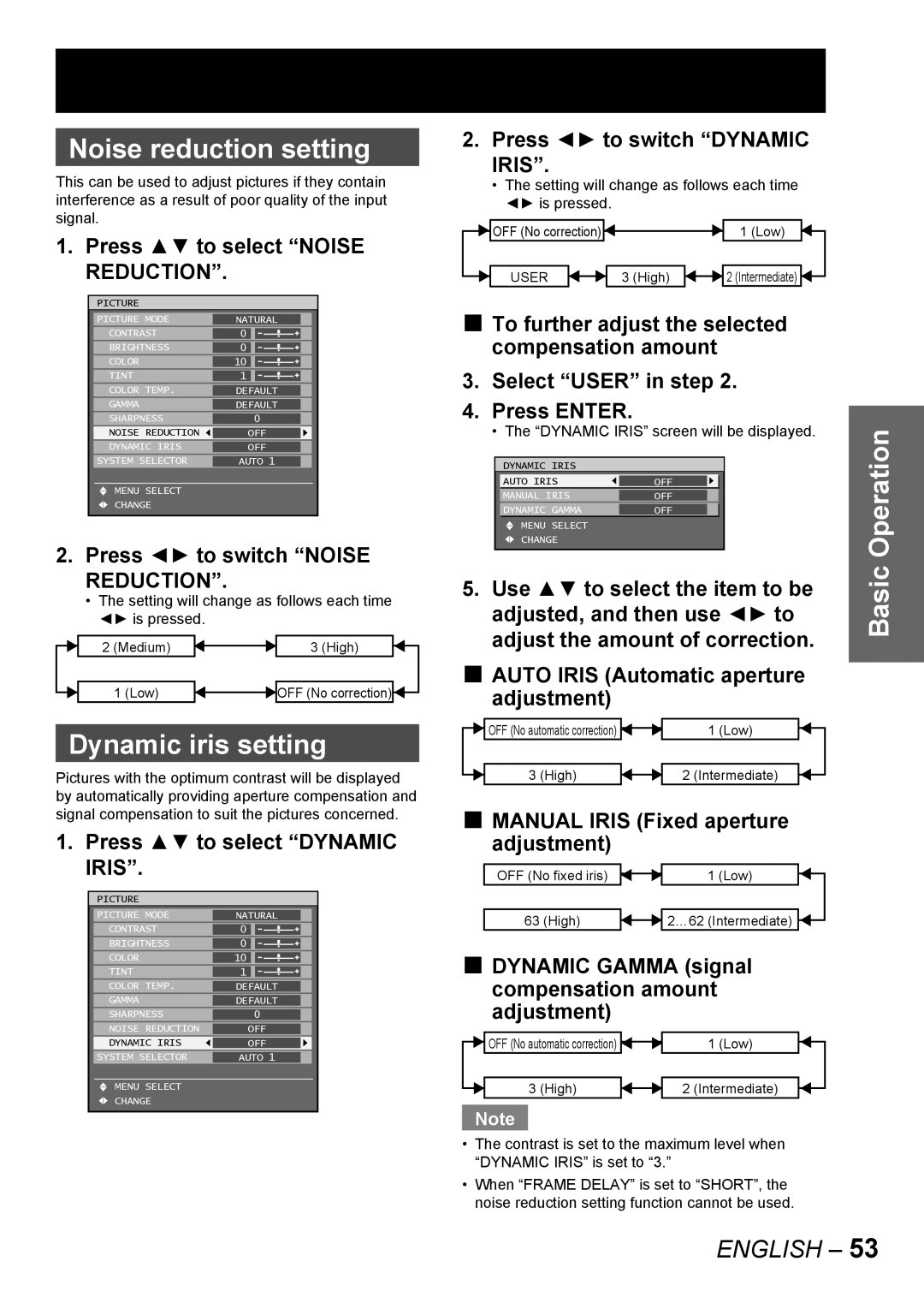 Panasonic PT-DW10000E, PT-D10000E manual Noise reduction setting, Dynamic iris setting, Reduction, Iris 