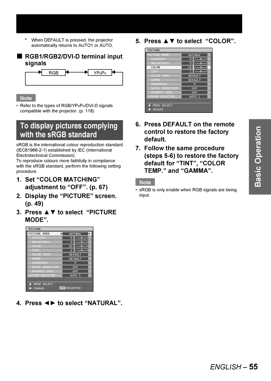 Panasonic PT-DW10000E manual RGB1/RGB2/DVI-D terminal input signals, Display the Picture screen. p Press to select Picture 