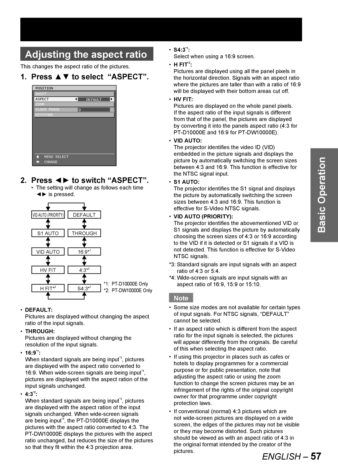 Panasonic PT-DW10000E, PT-D10000E Adjusting the aspect ratio, Operation, Press to select Aspect, Press to switch Aspect 