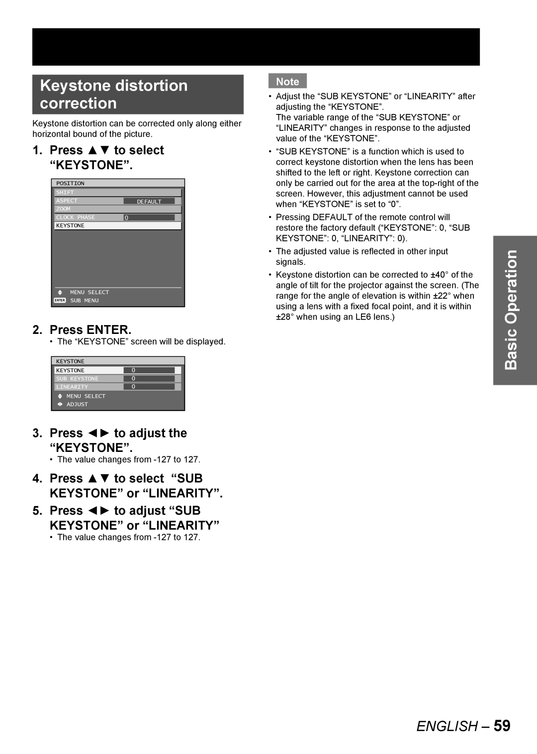 Panasonic PT-DW10000E, PT-D10000E manual Keystonedistortion correction, Press to adjust, Keystone screen will be displayed 