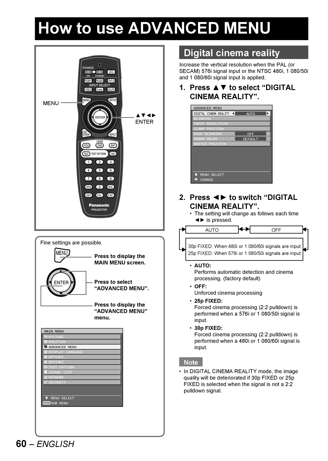 Panasonic PT-D10000E manual How to use Advanced Menu, Digital cinema reality, Press to select Digital, Cinema Reality 