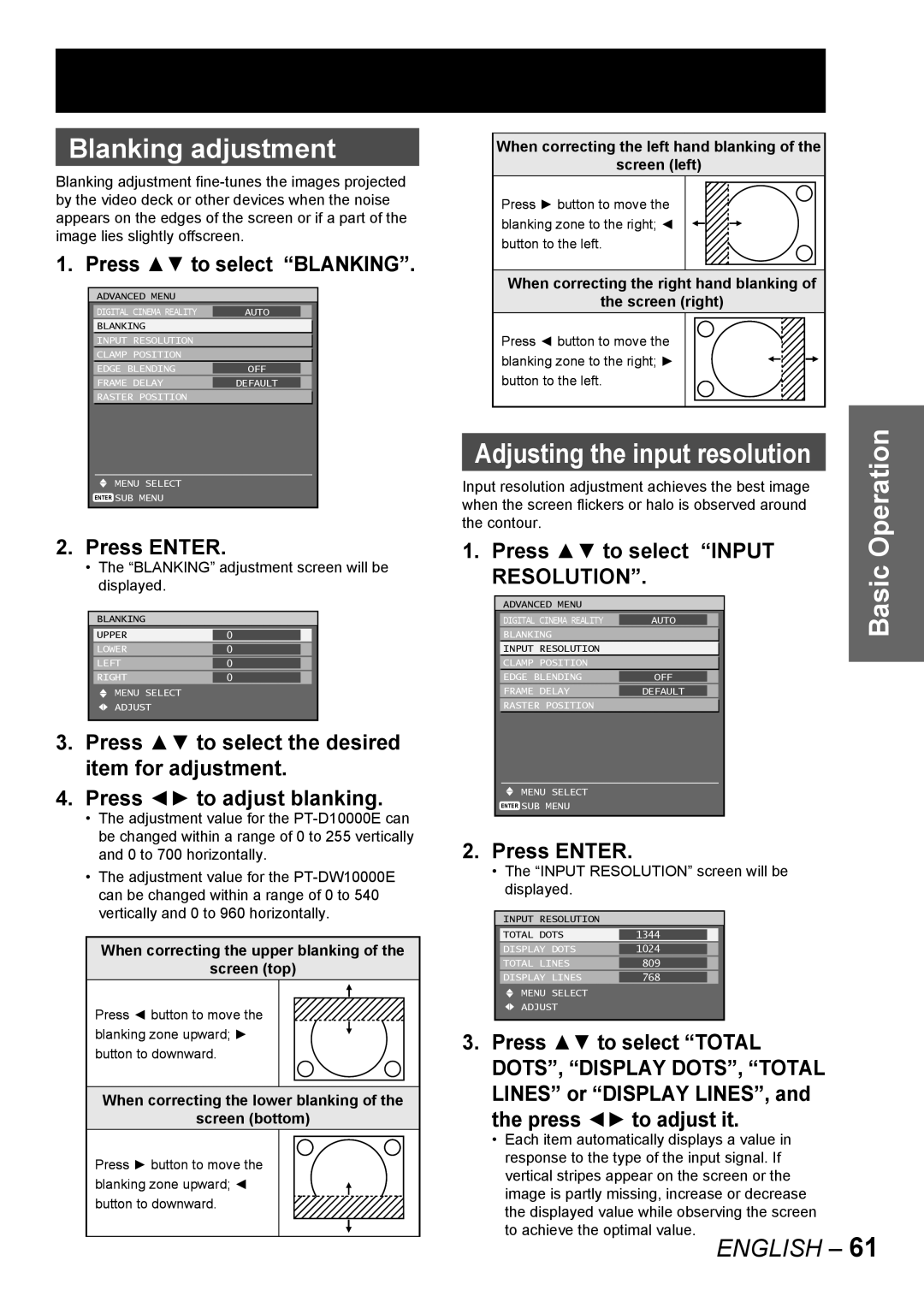 Panasonic PT-DW10000E, PT-D10000E manual Blanking adjustment, Press to select Blanking, Press to select Input Resolution 