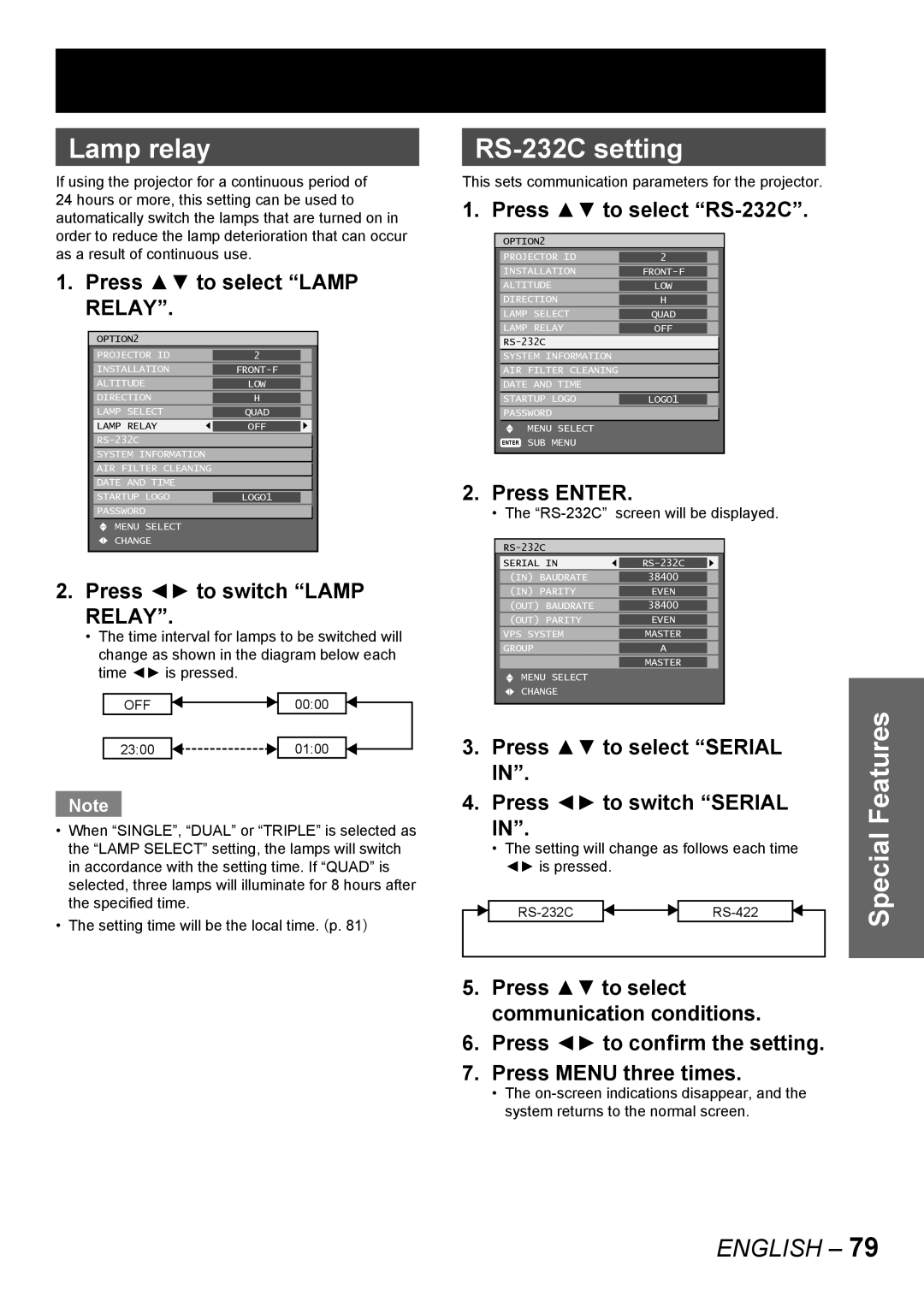 Panasonic PT-DW10000E, PT-D10000E manual Lamp relay, RS-232C setting, Relay 