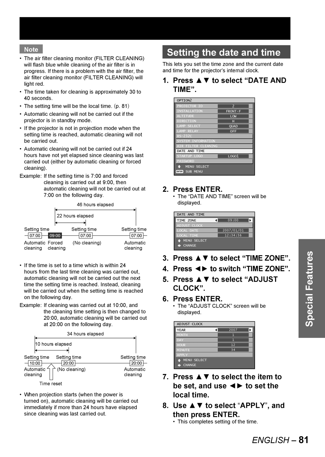 Panasonic PT-DW10000E, PT-D10000E manual Setting the date and time, Press to select Date, Time, Clock 