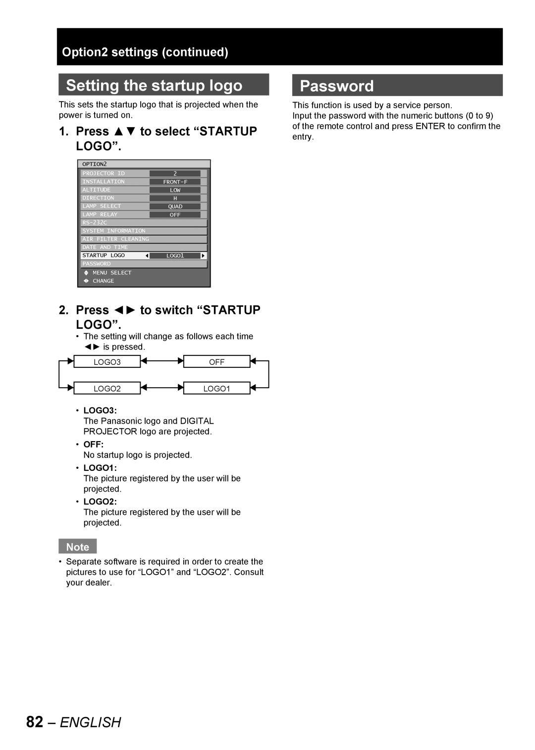 Panasonic PT-D10000E manual Setting the startup logo, Password, Press to select Startup, Logo, Press to switch Startup 