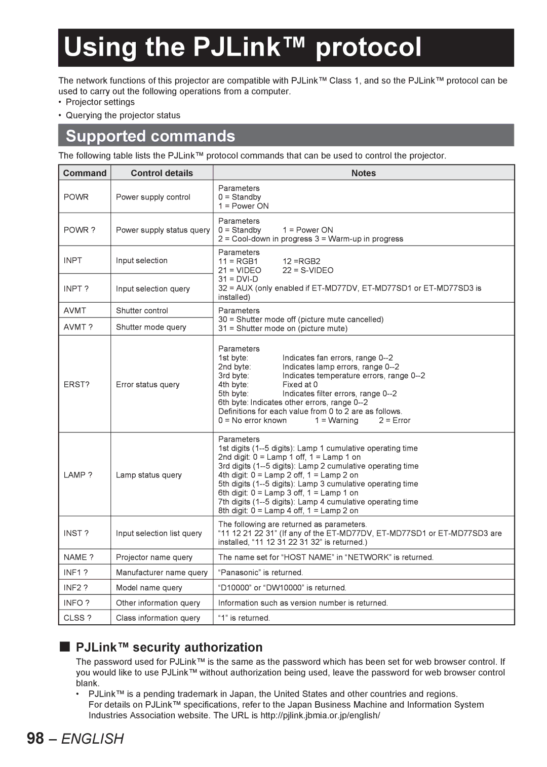 Panasonic PT-D10000E Using the PJLink protocol, Supported commands, PJLink security authorization, Command Control details 