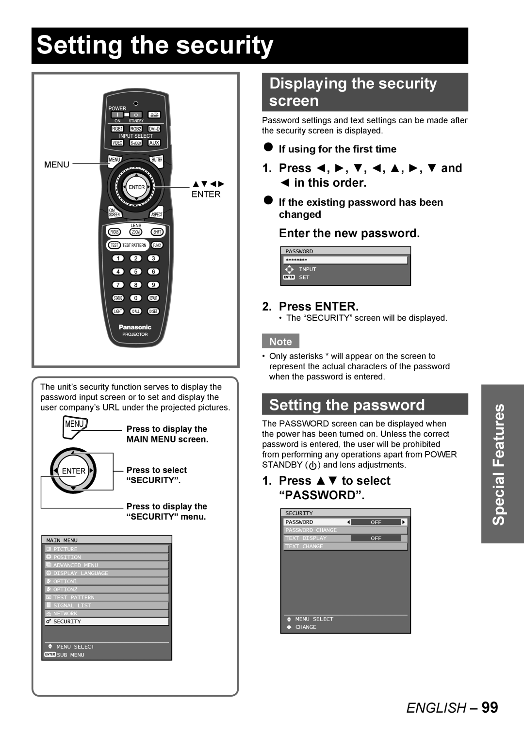 Panasonic PT-DW10000E, PT-D10000E Setting the security, Displaying the security screen, Setting the password, Password 