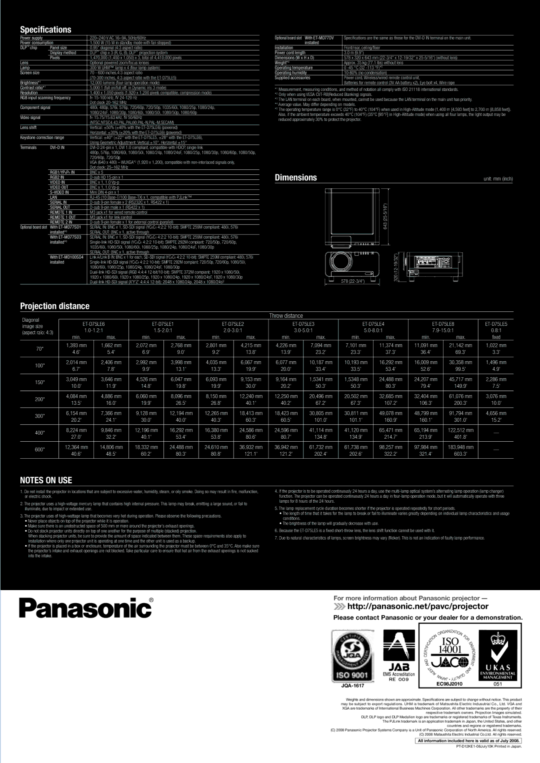 Panasonic PT-D12000E specifications Specifications, Please contact Panasonic or your dealer for a demonstration 