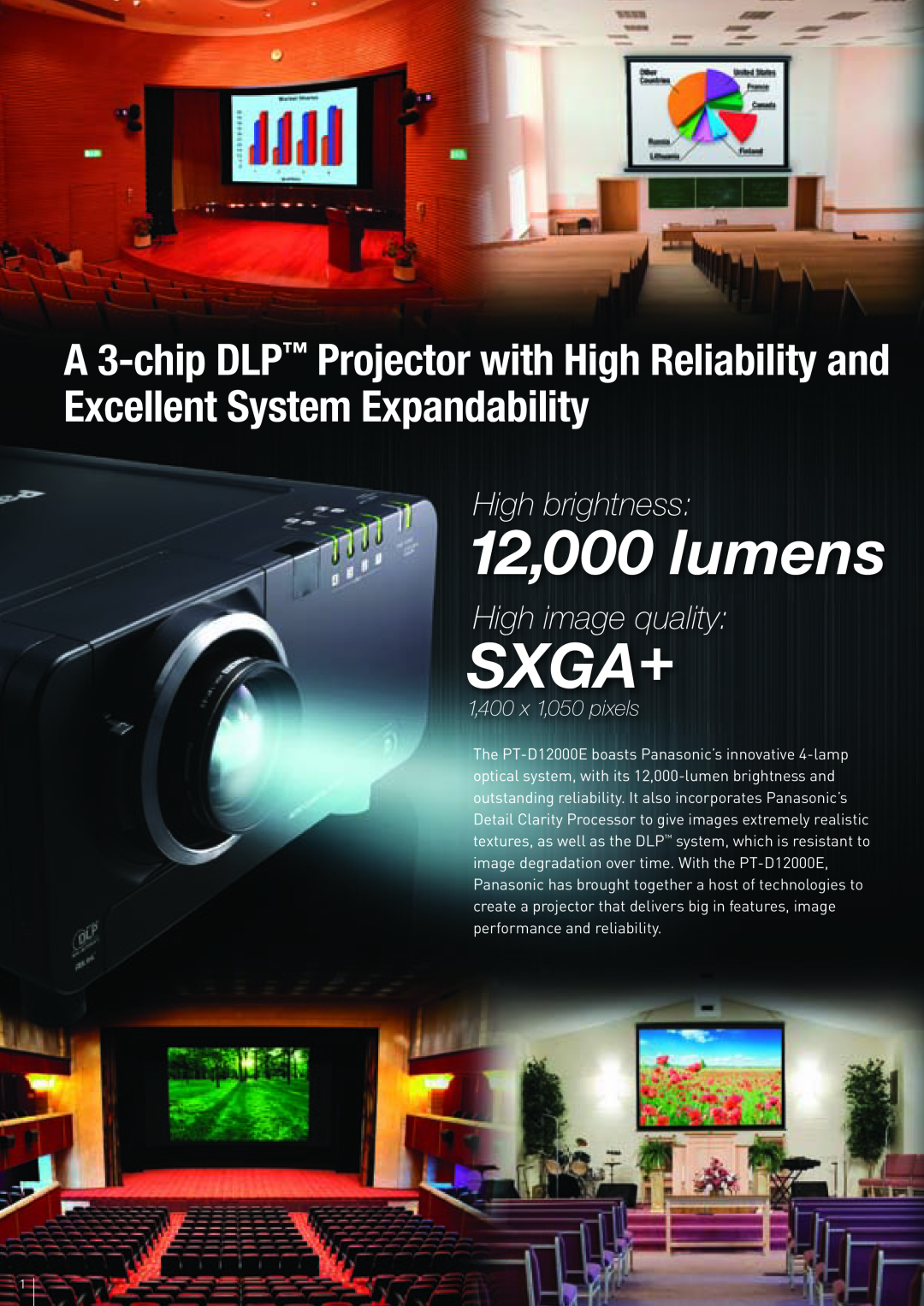 Panasonic PT-D12000E specifications 12,000 lumens, Sxga+, High brightness, High image quality, 1,400 x 1,050 pixels 