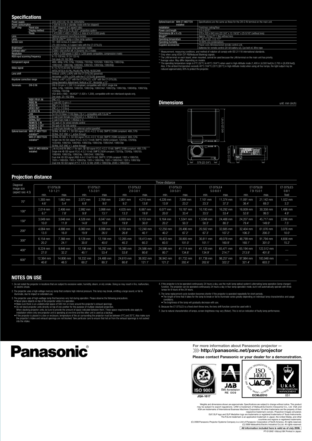 Panasonic PT-D12000E Specifications, Dimensions, Projection distance, Notes On Use, http//panasonic.net/pavc/projector 