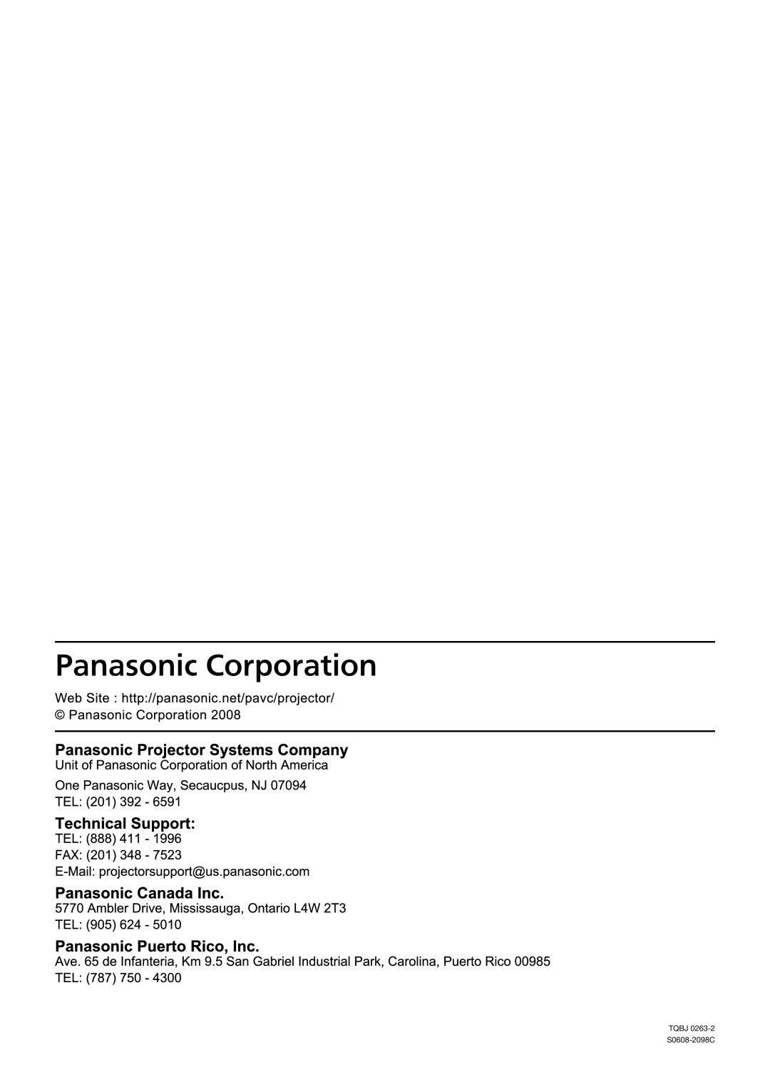 Panasonic PT-D12000U, PT-DZ12000U manual Tqbj S0608-2098C 