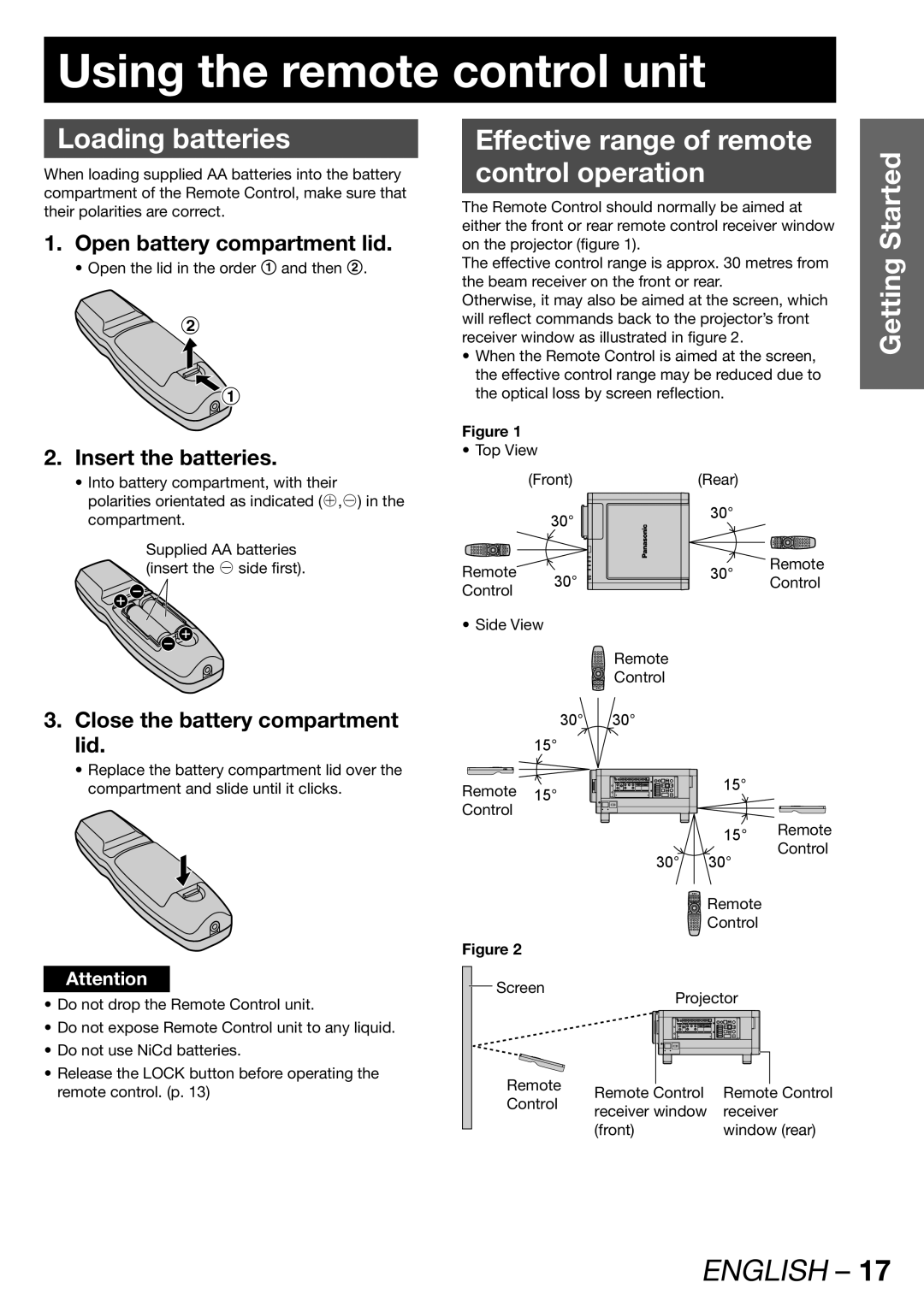 Panasonic PT-DZ12000U manual Using the remote control unit, Loading batteries, Effective range of remote Control operation 