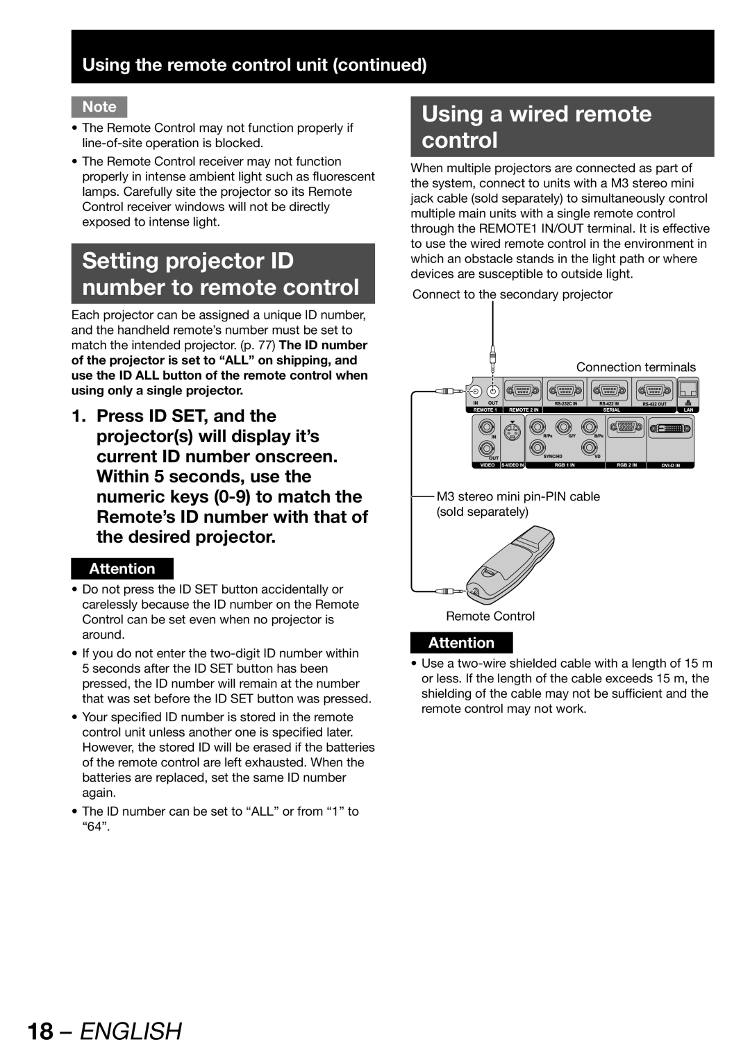 Panasonic PT-D12000U, PT-DZ12000U manual Setting projector ID Number to remote control, Using a wired remote Control 