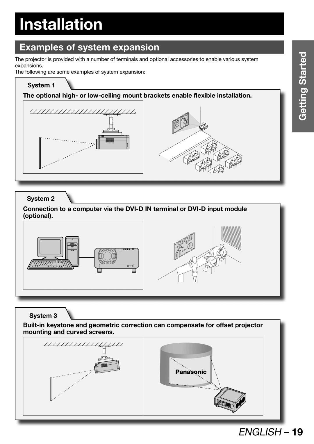 Panasonic PT-DZ12000U, PT-D12000U manual Installation, Examples of system expansion, Panasonic 