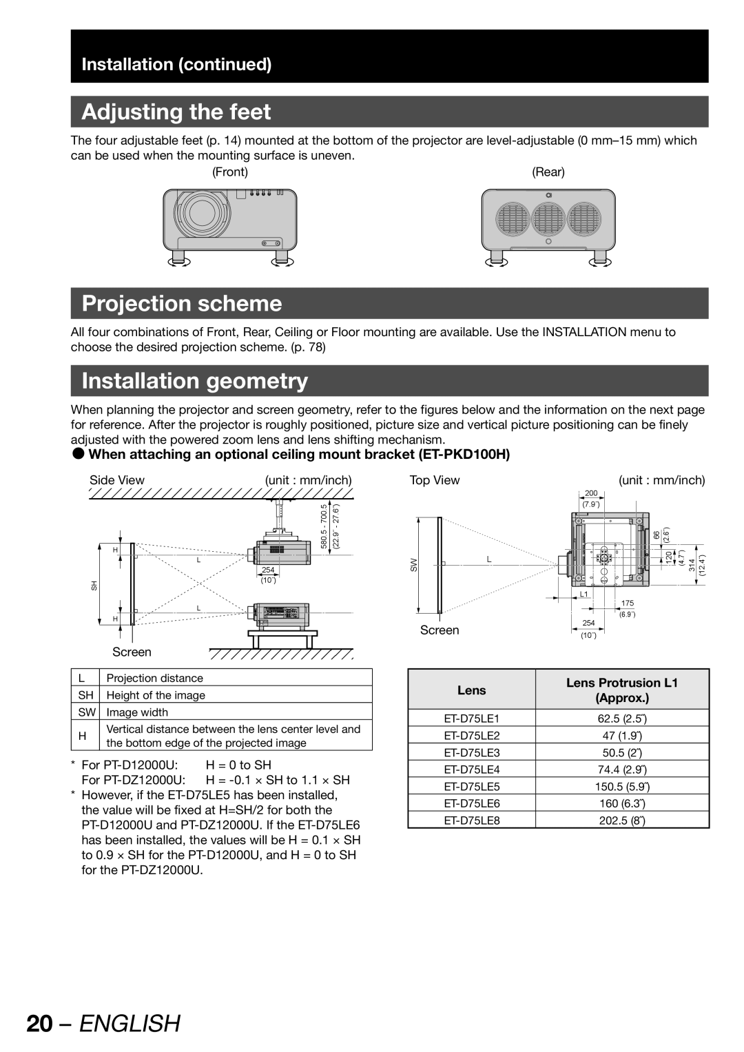 Panasonic PT-D12000U, PT-DZ12000U manual Adjusting the feet, Projection scheme, Installation geometry 