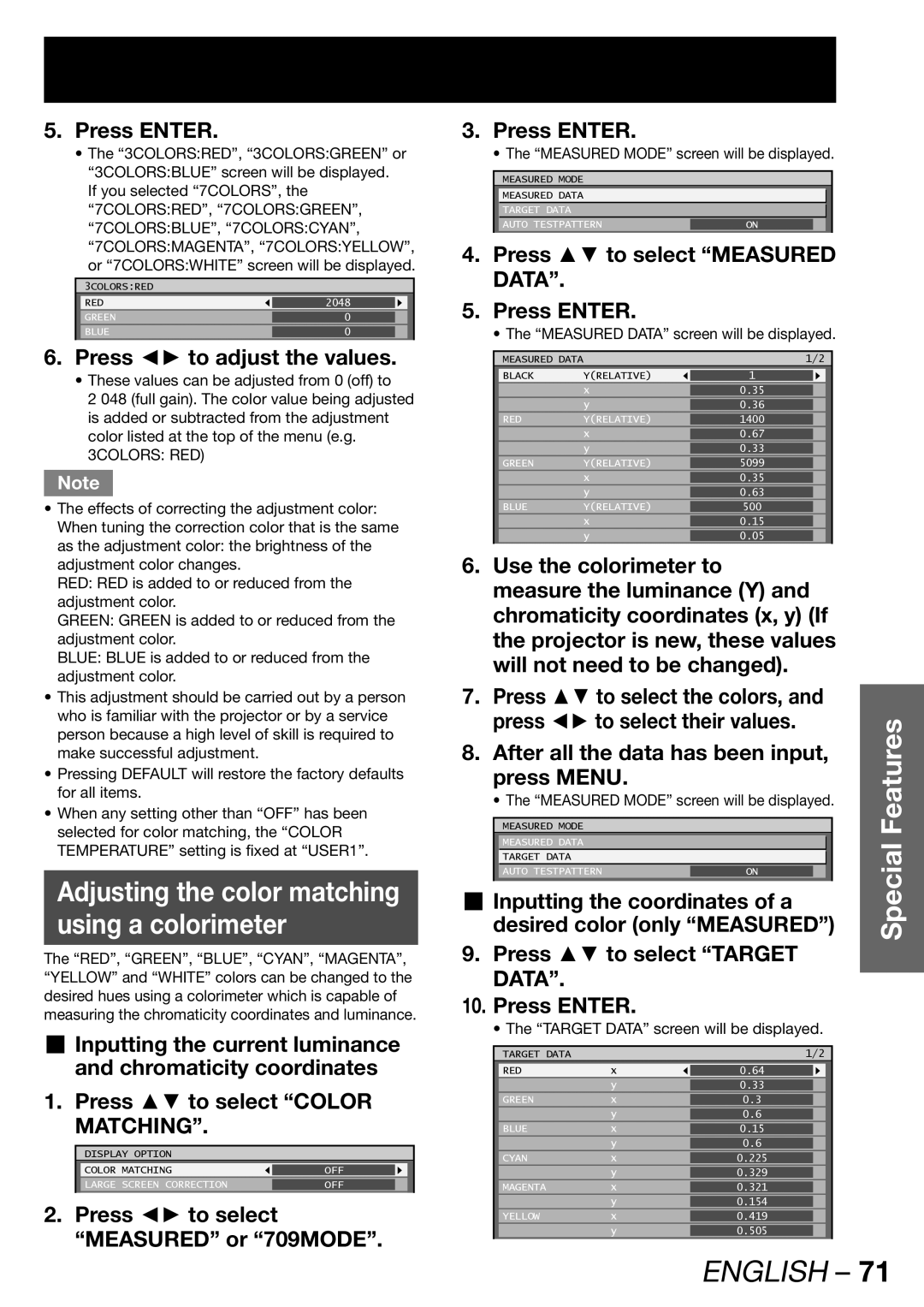 Panasonic PT-DZ12000U manual Adjusting the color matching Using a colorimeter, Press to select their values, Press Menu 