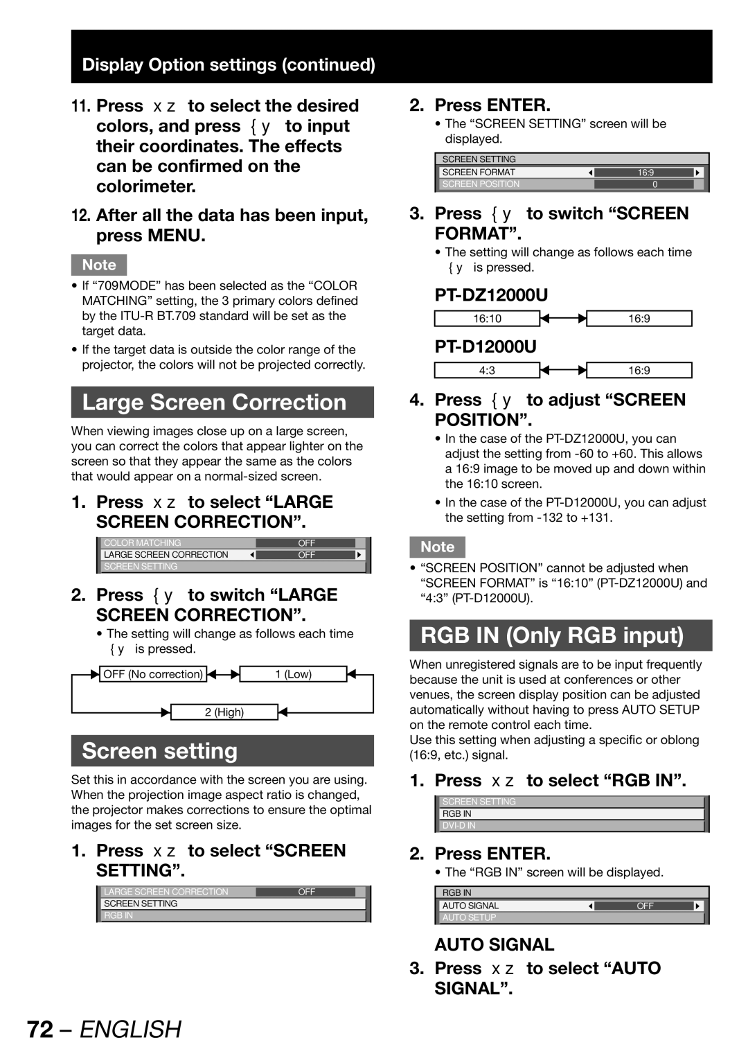 Panasonic PT-D12000U, PT-DZ12000U Large Screen Correction, Screen setting, RGB in Only RGB input, Display Option settings 