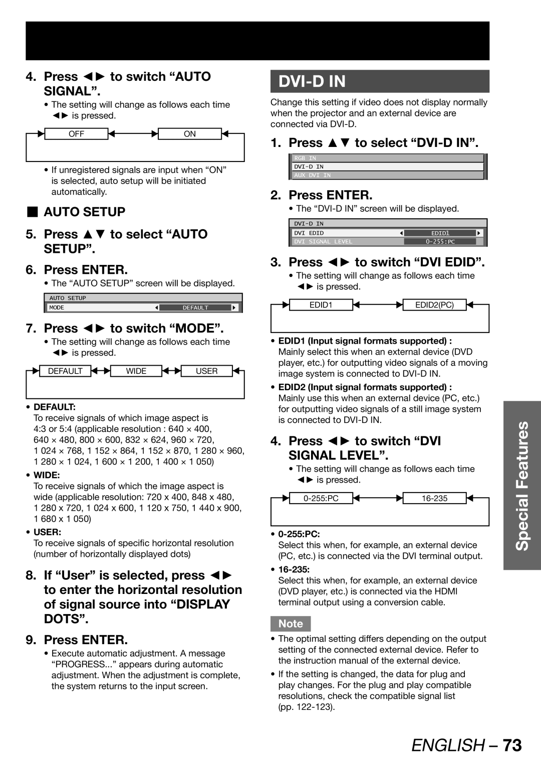 Panasonic PT-DZ12000U, PT-D12000U manual Press to switch Auto, Press to select Auto Setup Press Enter, Press to select DVI-D 