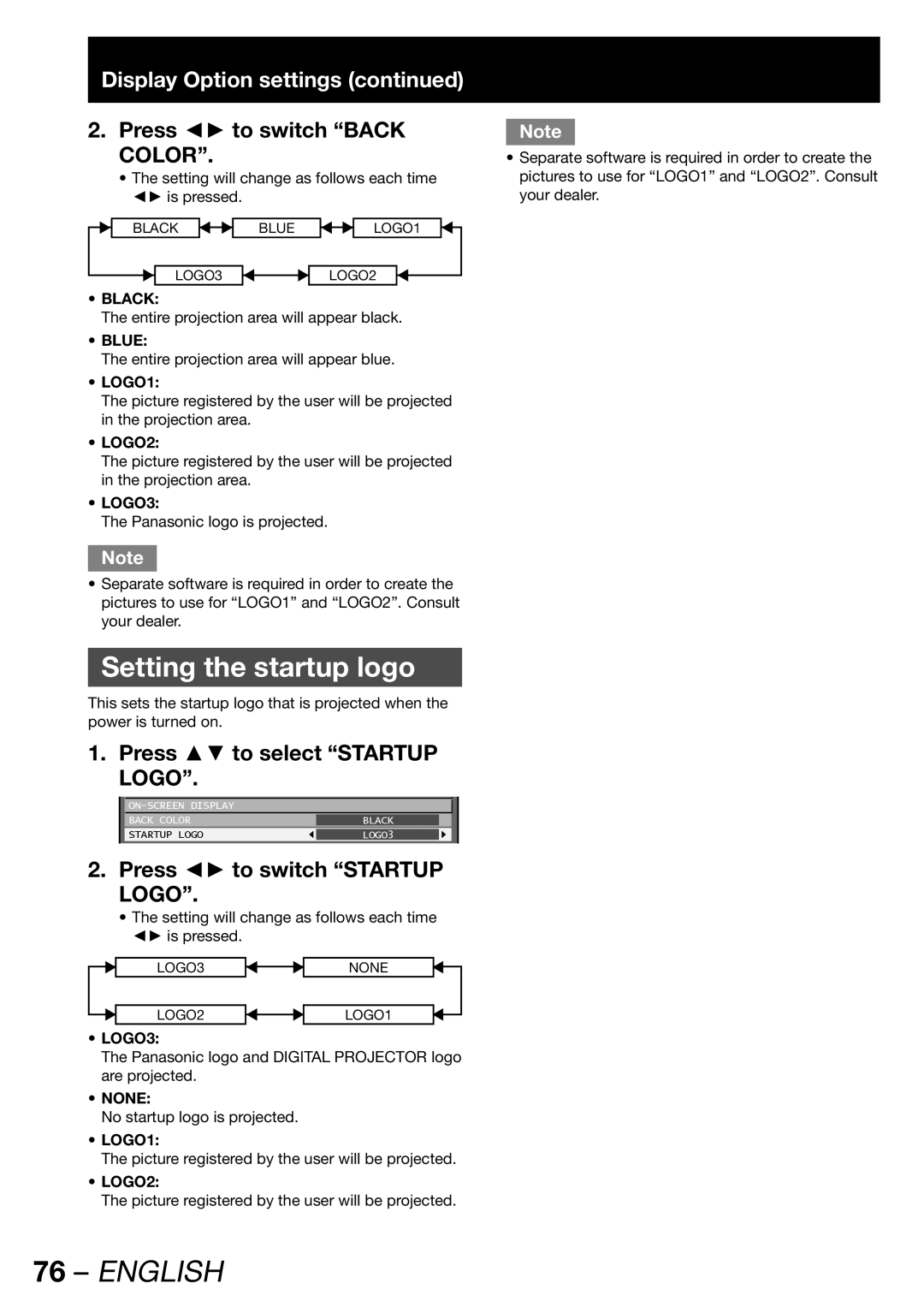 Panasonic PT-D12000U, PT-DZ12000U manual Setting the startup logo, Press to switch Back Color, Press to select Startup Logo 