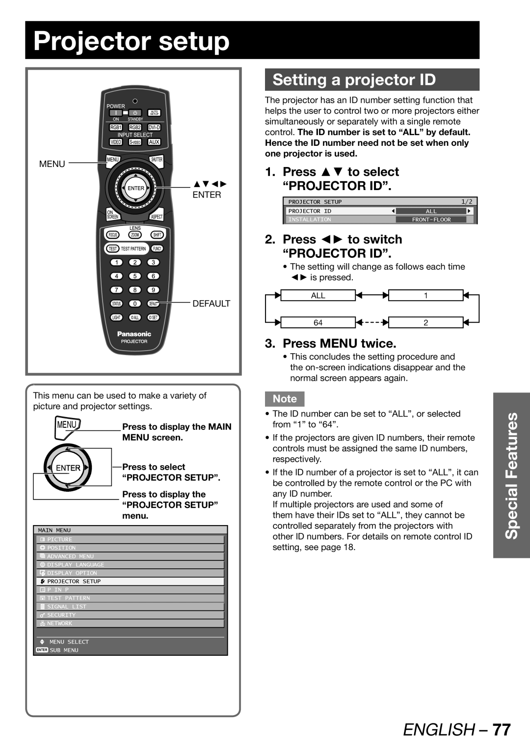 Panasonic PT-DZ12000U, PT-D12000U Projector setup, Setting a projector ID, Press to select Projector ID, Press Menu twice 