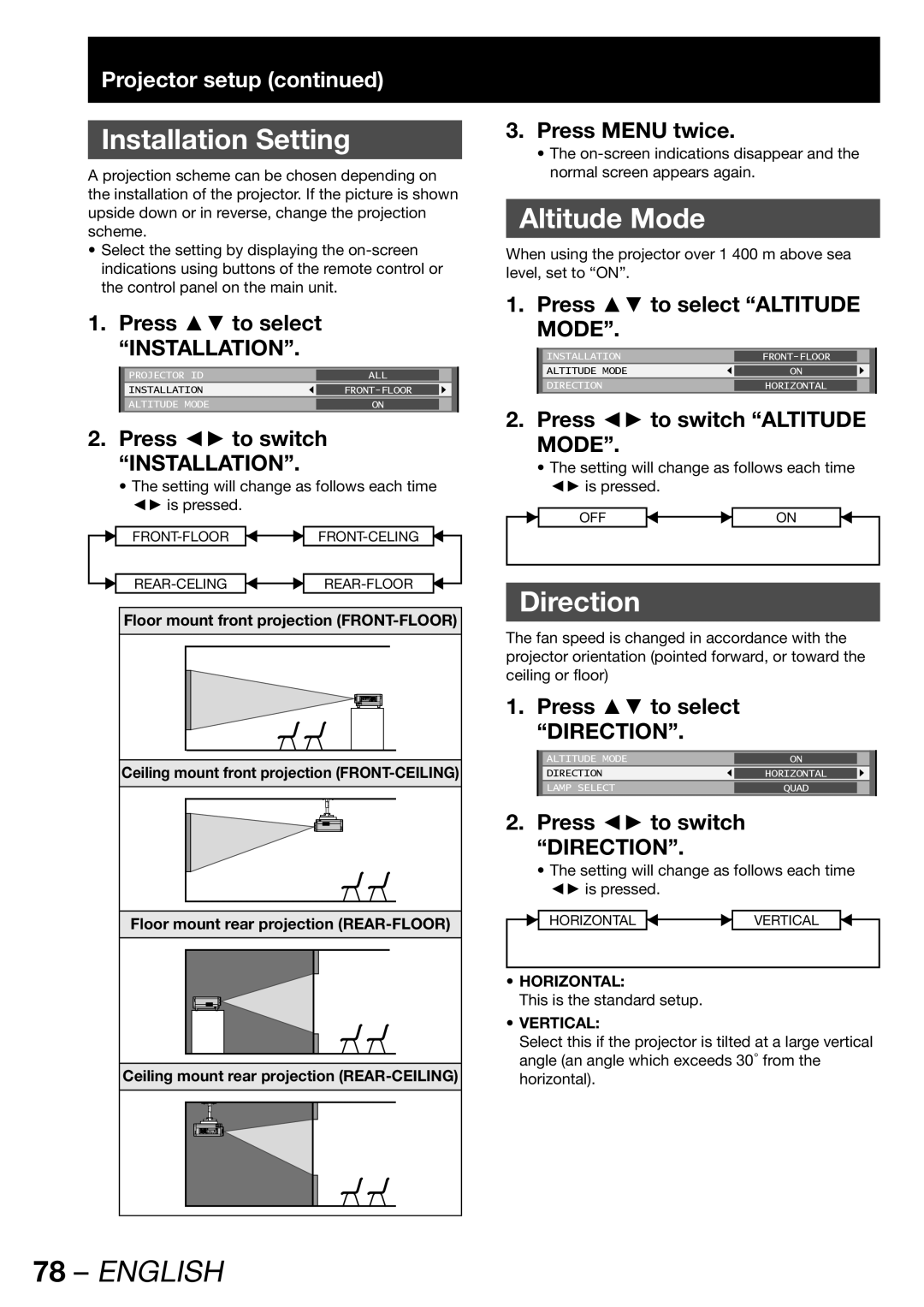 Panasonic PT-D12000U, PT-DZ12000U manual Installation Setting, Altitude Mode, Direction, Projector setup 