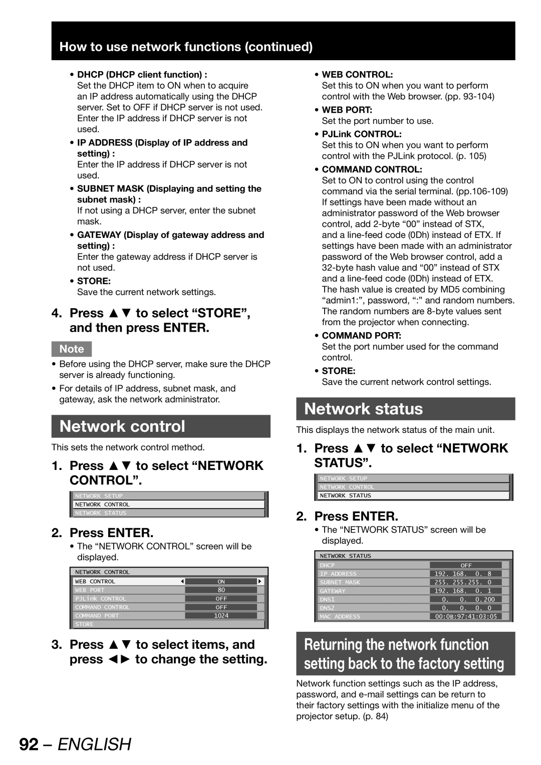 Panasonic PT-D12000U, PT-DZ12000U Network control, Network status, How to use network functions, Press to select Network 