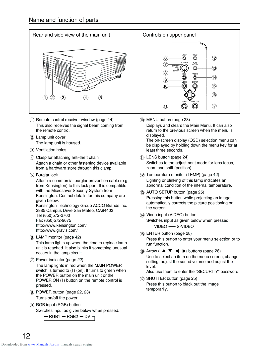 Panasonic PT-D3500E manual Rear and side view of the main unit Controls on upper panel 