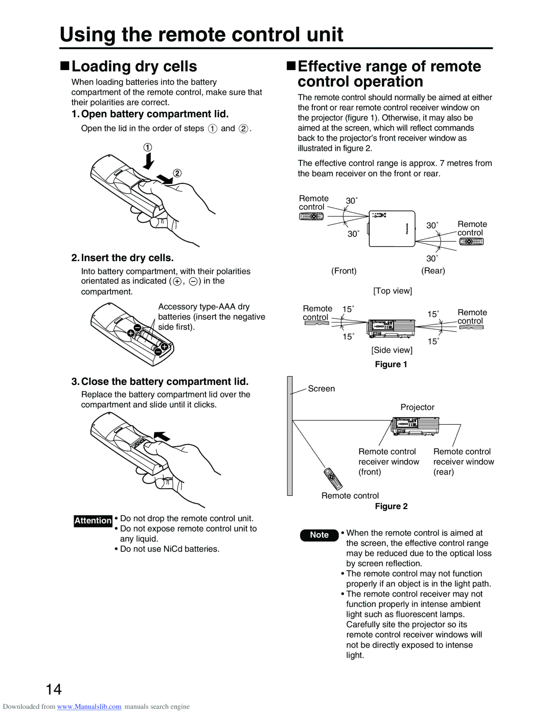 Panasonic PT-D3500E manual Using the remote control unit, Loading dry cells, Effective range of remote control operation 