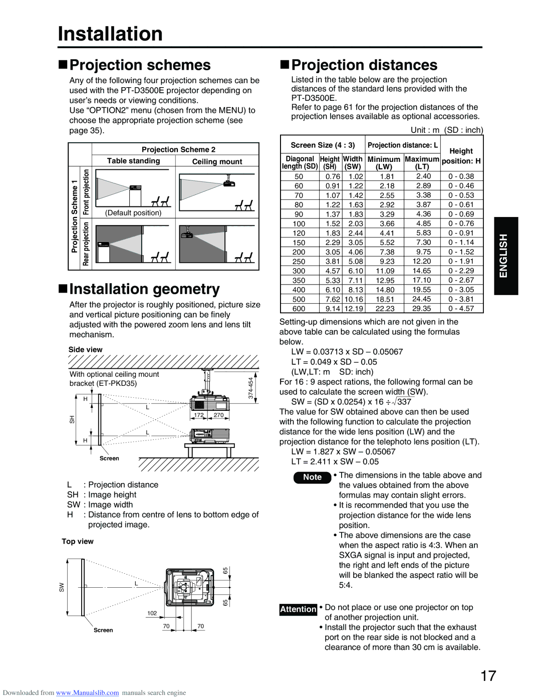 Panasonic PT-D3500E manual Projection schemes, Installation geometry, Projection distances, Unit m SD inch 