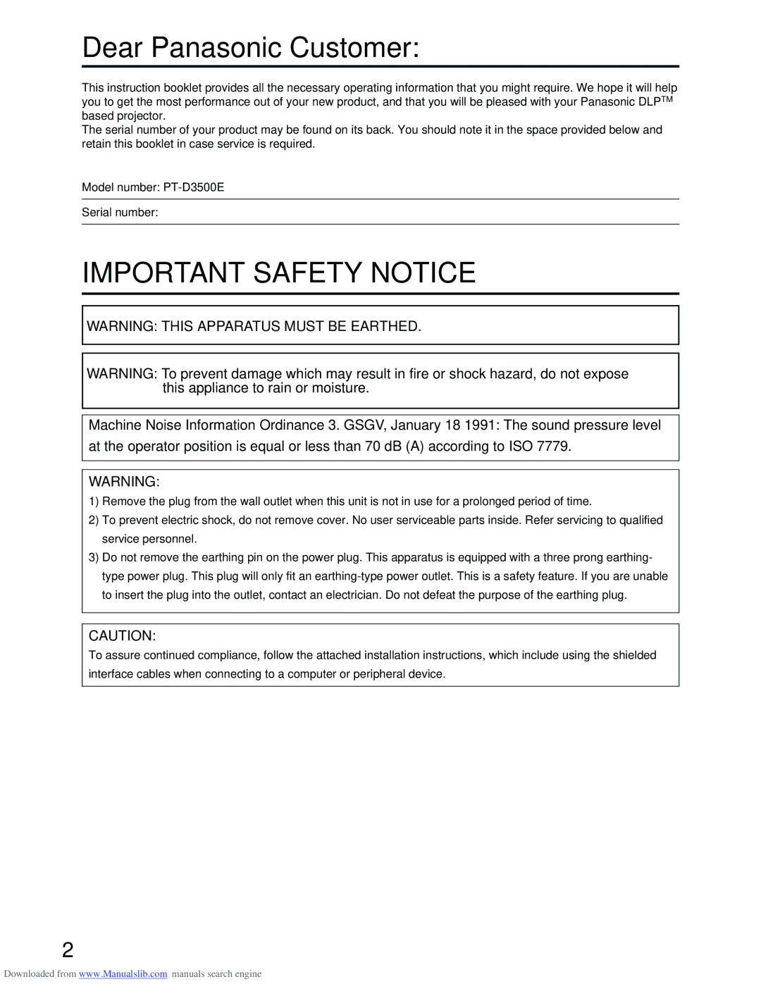 Panasonic PT-D3500E manual Dear Panasonic Customer, Important Safety Notice 