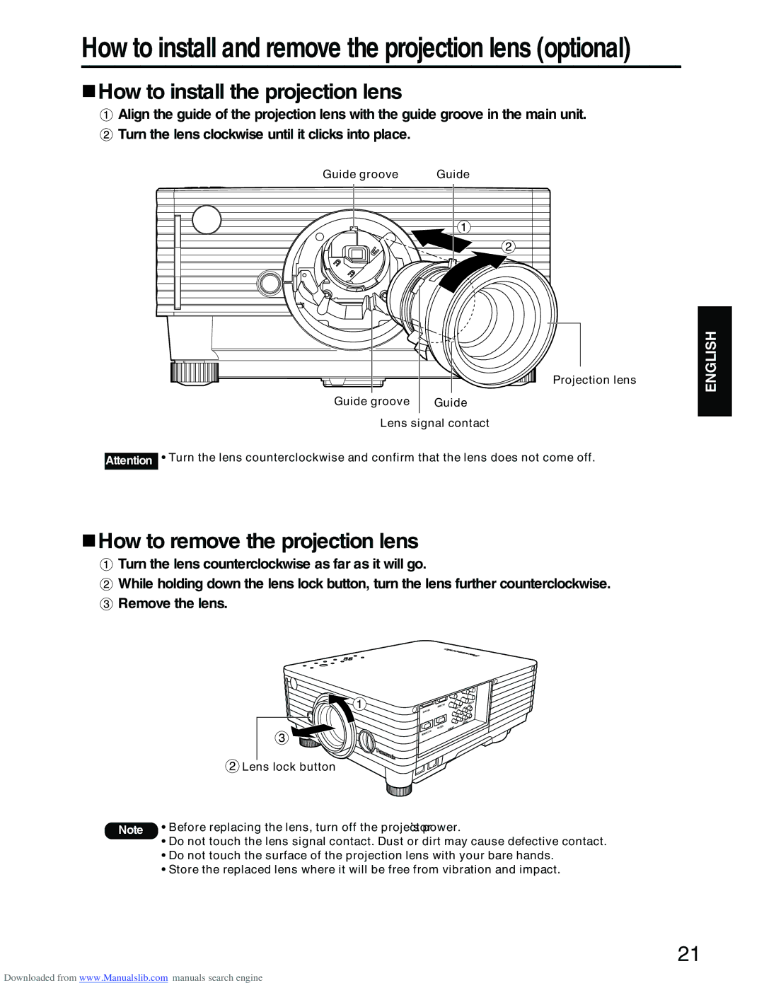 Panasonic PT-D3500E How to install the projection lens, How to remove the projection lens, Guide groove Projection lens 