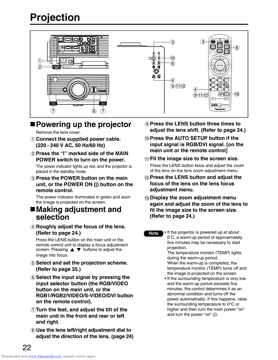 Panasonic PT-D3500E manual Projection, Powering up the projector, Making adjustment and selection 