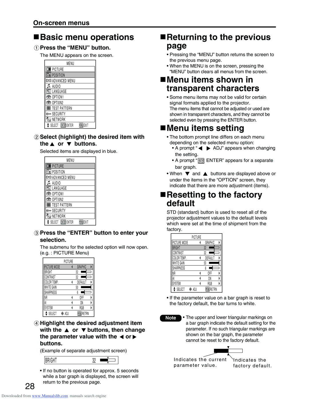 Panasonic PT-D3500E Basic menu operations, Returning to the previous, Menu items setting, Resetting to the factory default 