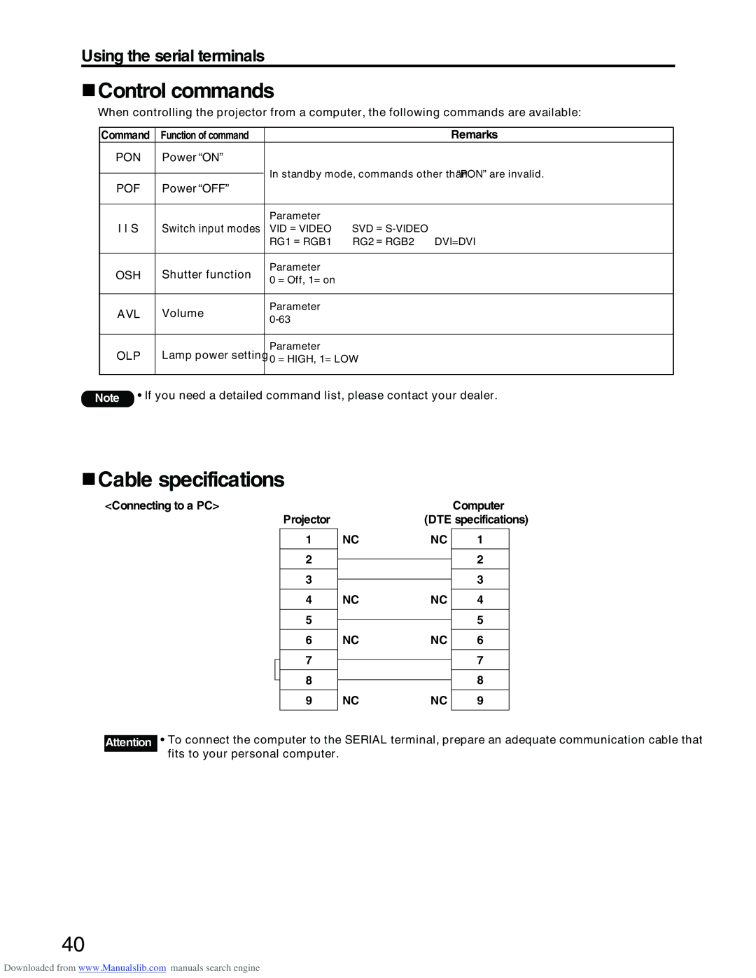 Panasonic PT-D3500E manual Control commands, Cable specifications, Remarks, Connecting to a PC 