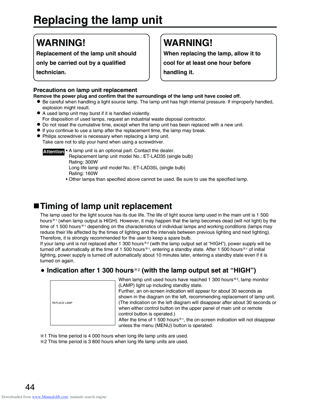 Panasonic PT-D3500E manual Replacing the lamp unit, Timing of lamp unit replacement 