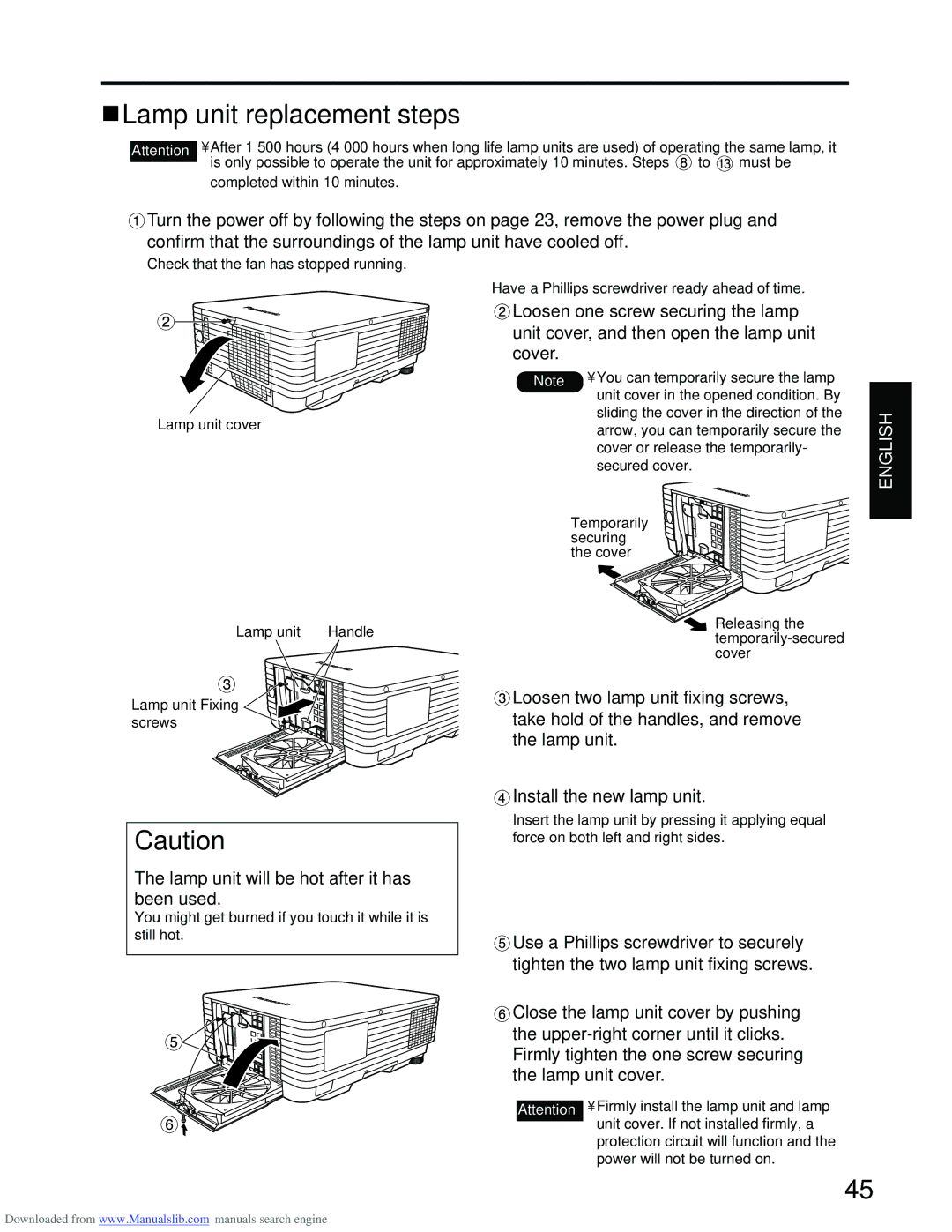 Panasonic PT-D3500E manual Lamp unit replacement steps, Lamp unit will be hot after it has been used 