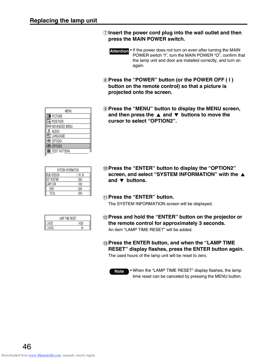 Panasonic PT-D3500E manual System Information screen will be displayed, An item Lamp Time Reset will be added 