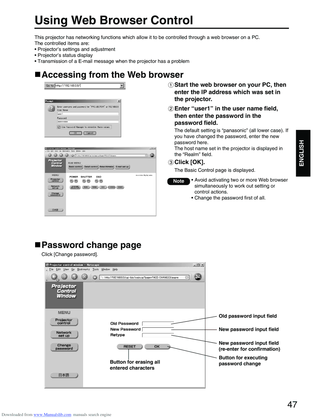 Panasonic PT-D3500E manual Using Web Browser Control, Accessing from the Web browser, Password change, Click OK 