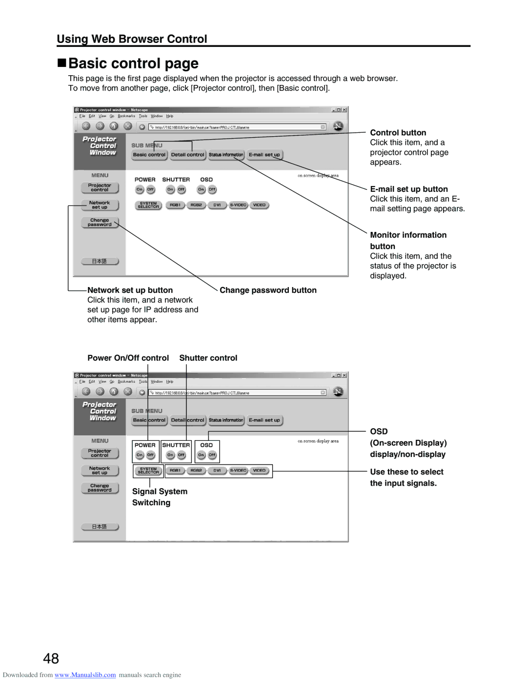 Panasonic PT-D3500E Basic control, Monitor information button, Change password button Power On/Off control Shutter control 