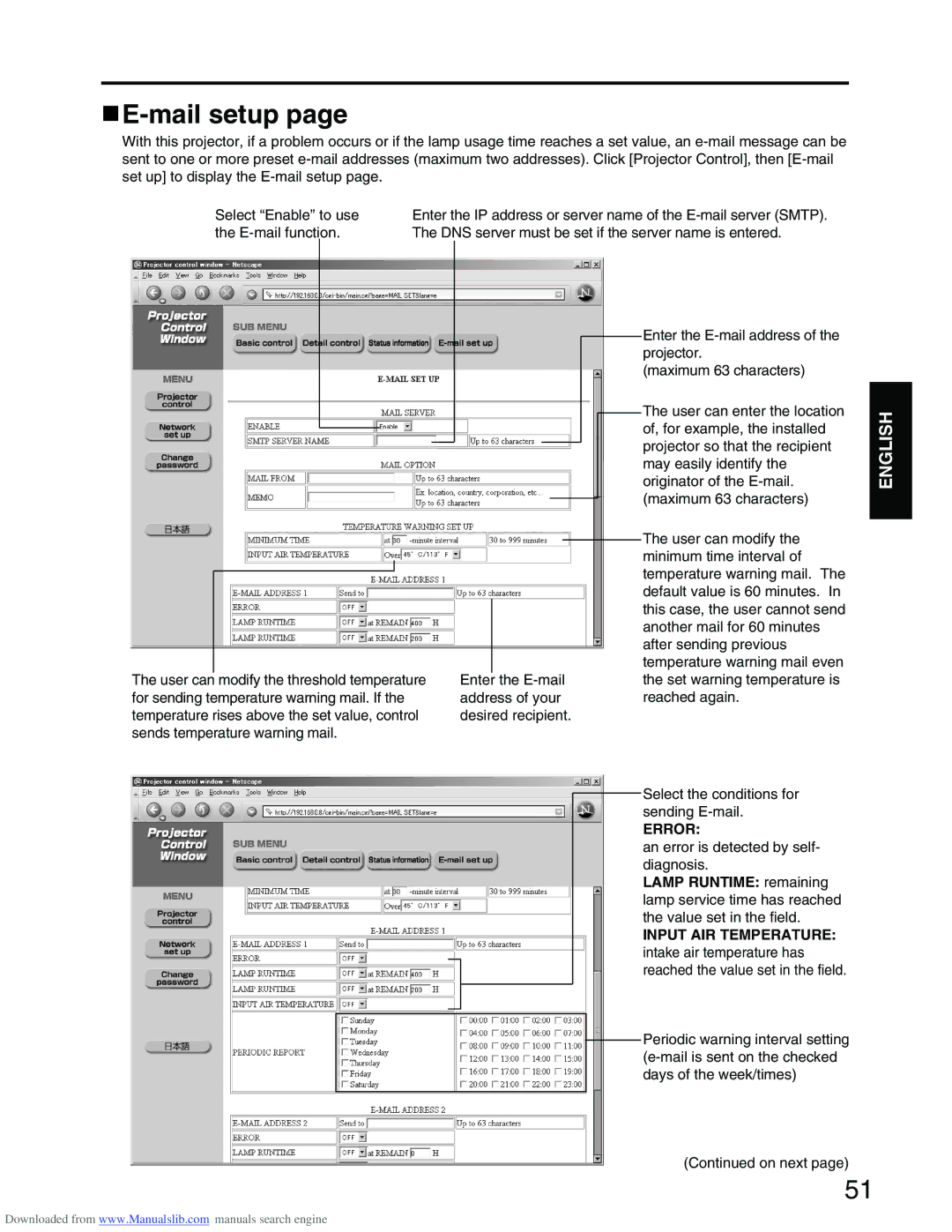 Panasonic PT-D3500E manual Mail setup, Lamp Runtime remaining 