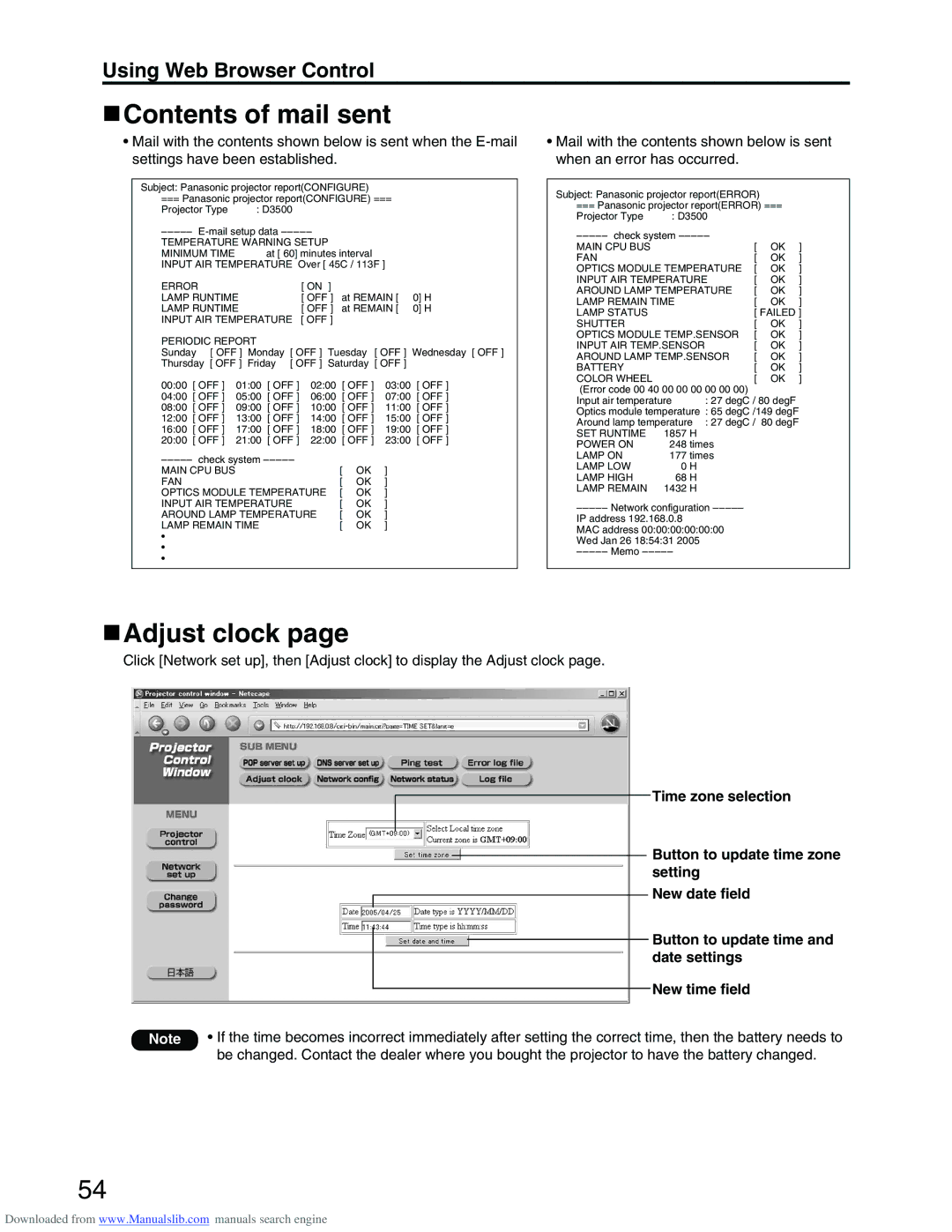 Panasonic PT-D3500E manual Contents of mail sent, Adjust clock 