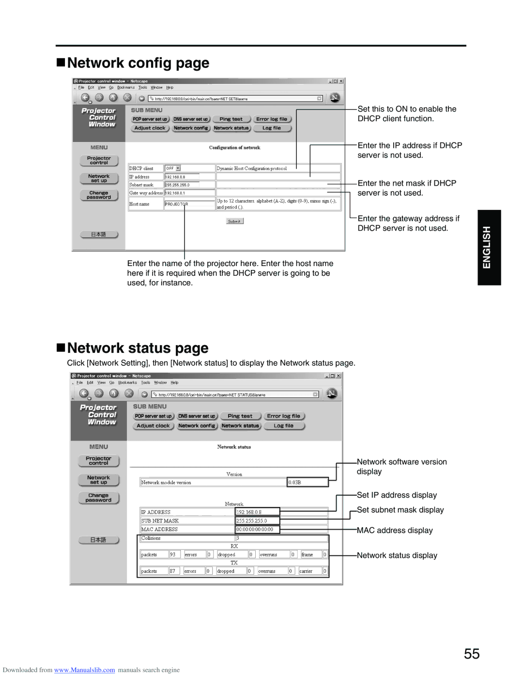 Panasonic PT-D3500E manual Network config, Network status 