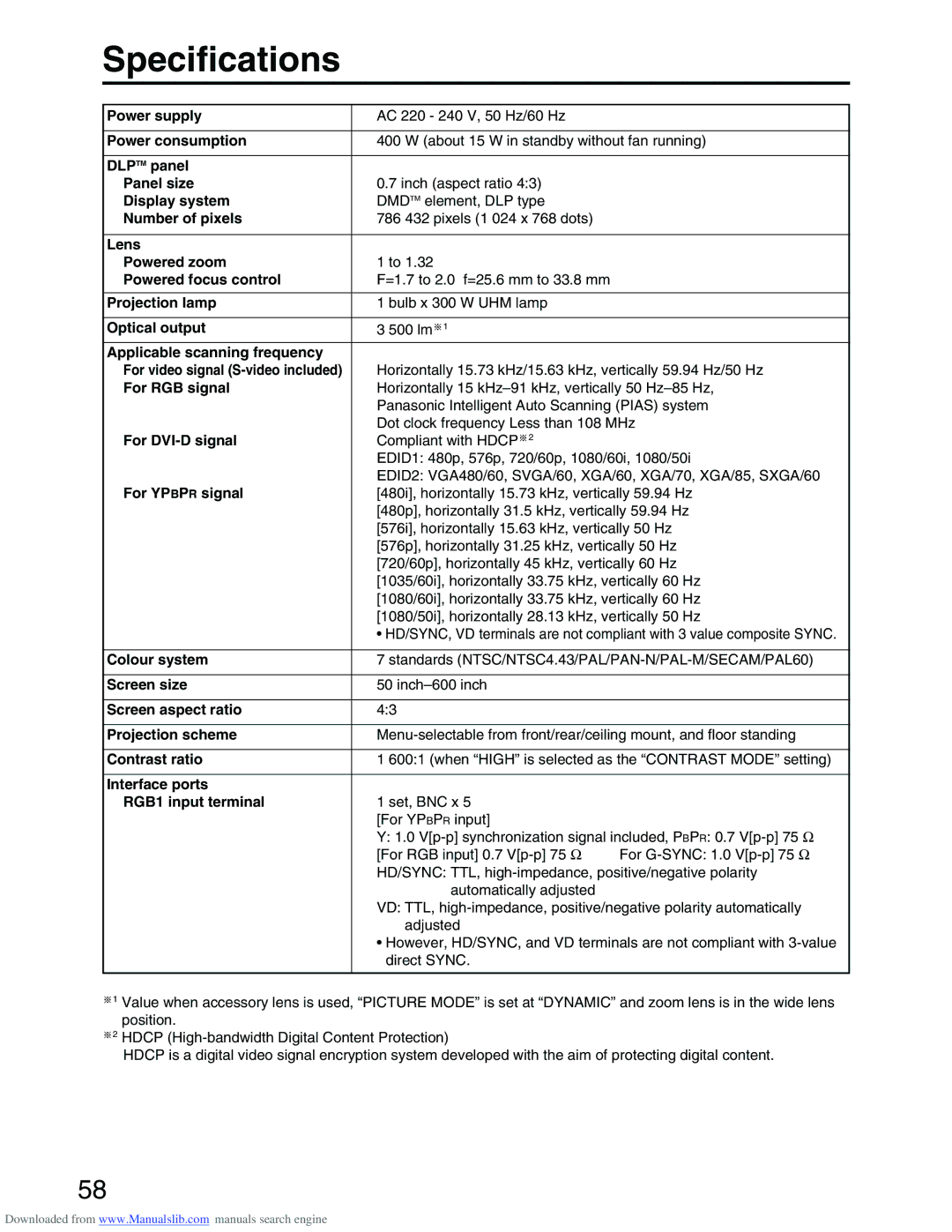 Panasonic PT-D3500E manual Specifications 