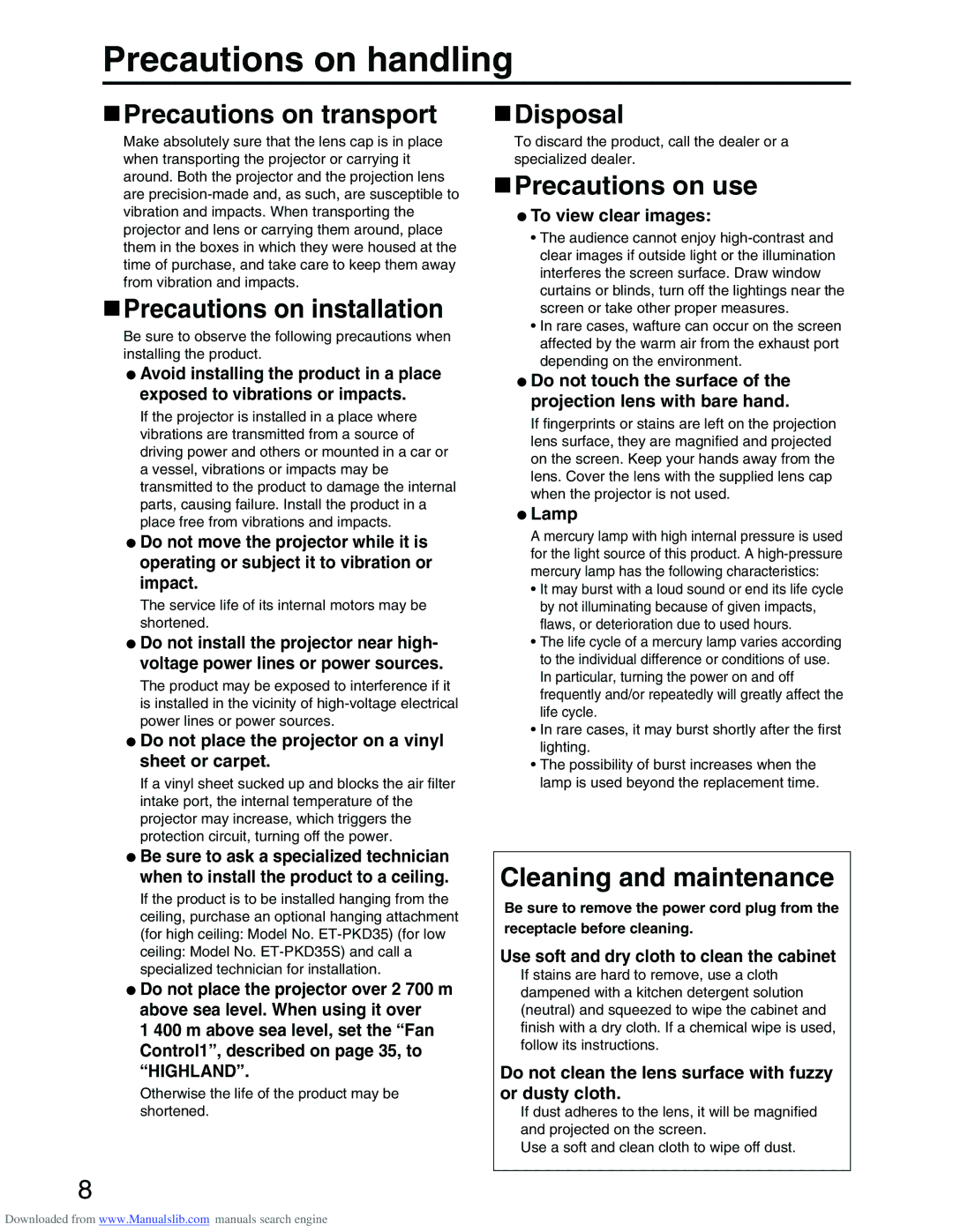 Panasonic PT-D3500E manual Precautions on handling 