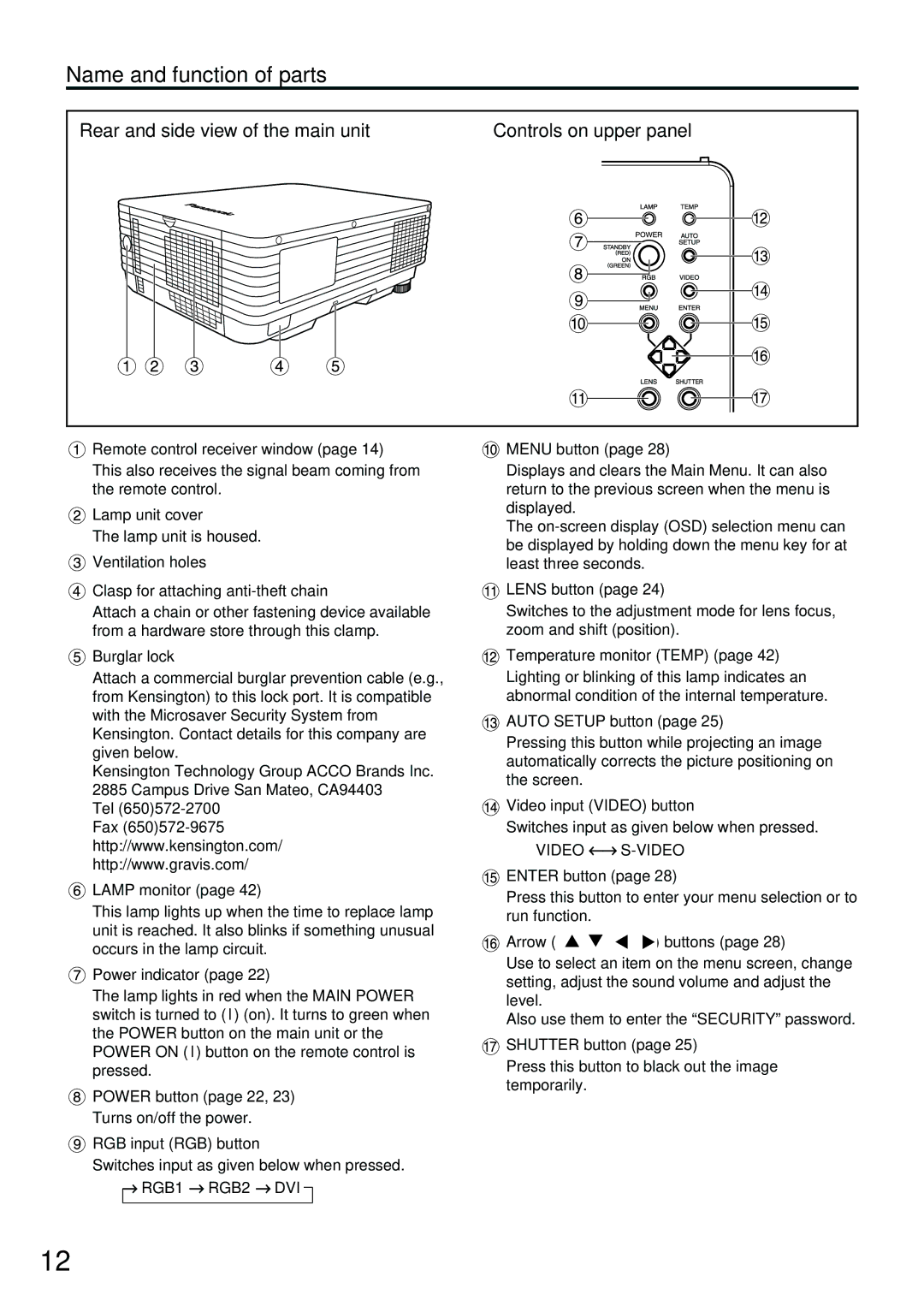 Panasonic PT-D3500E manual Rear and side view of the main unit Controls on upper panel 