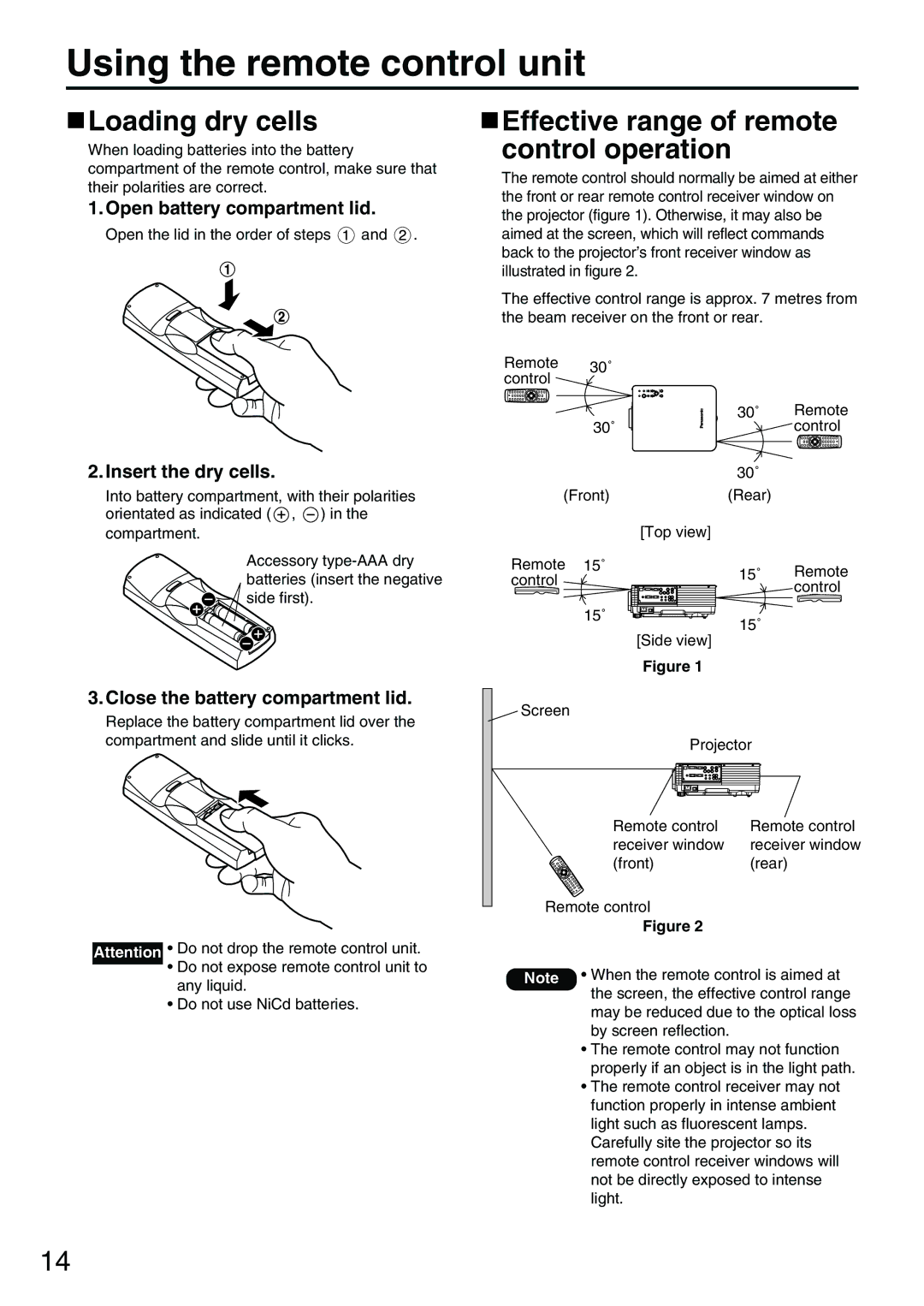 Panasonic PT-D3500E manual Using the remote control unit, Loading dry cells, Effective range of remote control operation 