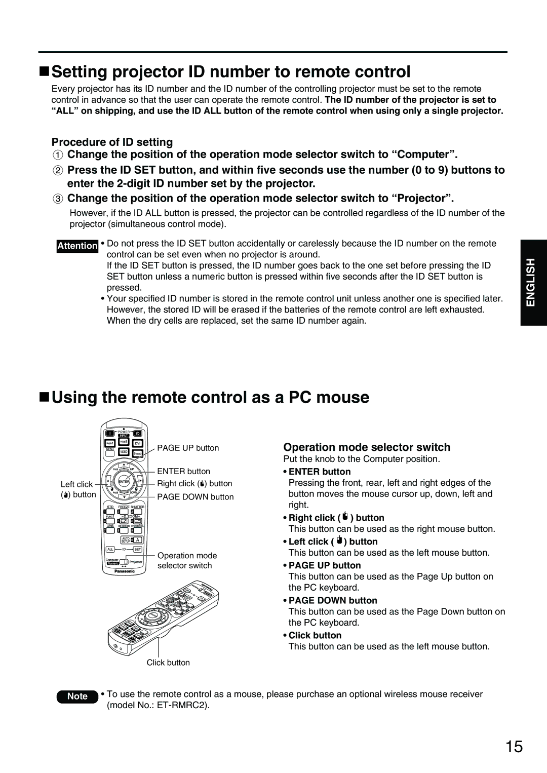 Panasonic PT-D3500E manual Setting projector ID number to remote control, Using the remote control as a PC mouse 